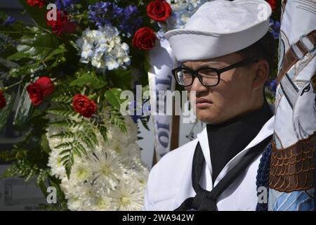 US military forces. 180419VY375-307  LOS ANGELES (April 19, 2018) Boatswain’s Mate Seaman Hung Vu, a member of the Navy Operational Support Center Los Angeles Color Guard, parades the colors during the Battleship USS Iowa Museum’s memorial marking the anniversary of the death of 47 Sailors aboard the USS Iowa. On April 19, 1989, the Sailors were killed when a gun turret exploded aboard the USS Iowa. Former crew members, family and friends gathered aboard the Battleship USS Iowa Museum to pay their respects to their fallen comrads. (U.S. Navy photo by Mass Communication Specialist 2nd Class Pyo Stock Photo