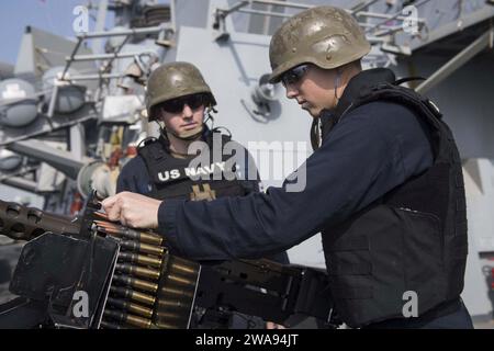 US military forces. 180427KP946-0082 MEDITERRANEAN SEA  (April 27, 2018) Operations Specialist Seaman Andrew Wootton, from Gilbert, Arizona, loads a .50-caliber machine gun during a crew-served, live-fire gunnery exercise aboard the Arleigh Burke-class guided-missile destroyer USS Donald Cook (DDG 75) April 27, 2018.  Donald Cook, forward-deployed to Rota, Spain, is on its seventh patrol in the U.S. 6th Fleet area of operations in support of regional allies and partners, and U.S. national security interests in Europe and Africa. (U.S. Navy photo by Mass Communication Specialist 2nd Class Alyss Stock Photo