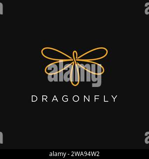 Abstract line art dragonfly logo icon vector template on black background Stock Vector