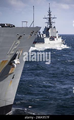 US military forces. 180502RG482-421 SEA OF HEBRIDES (May 2, 2018) The Spanish Alvaro de Bazan-class guided-missile frigate SPS Mendez Nunez (F 104), right, breaks away from the Lewis and Clark-class dry cargo ship USNS William McLean (T-AKE 12) after completing a replenishment-at-sea in support of exercise Joint Warrior 18-1 in the Sea of Hebrides May 2, 2018. Joint Warrior is a U.K.-led, multinational exercise that exercises interoperability and cooperation in all applicable warfare areas. (U.S. Navy photo by Mass Communication Specialist 1st Class Kyle Steckler/Released) Stock Photo