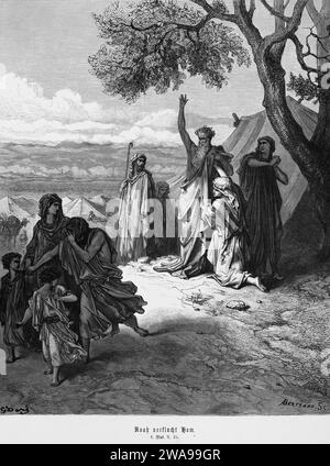 Bible, Noah curses Ham, his son, Genesis, 9, 25, Moses, Old Testament, landscape, tents, tree, curse, abandoned, children, woman, men, historical illu Stock Photo