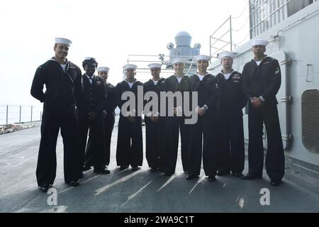 US military forces. 180614XT273-343 BALTIC SEA (June 14, 2018) Sailors pose for a group photo aboard the Blue Ridge-class command and control ship USS Mount Whitney (LCC 20) June 14, 2018, during exercise Baltic Operations (BALTOPS) 2018 in the Baltic Sea. BALTOPS is the premier annual maritime-focused exercise in the Baltic region and one of the largest exercises in Northern Europe enhancing flexibility and interoperability among allied and partner nations. (U.S. Navy photo by Mass Communication Specialist 1st Class Justin Stumberg/Released) Stock Photo