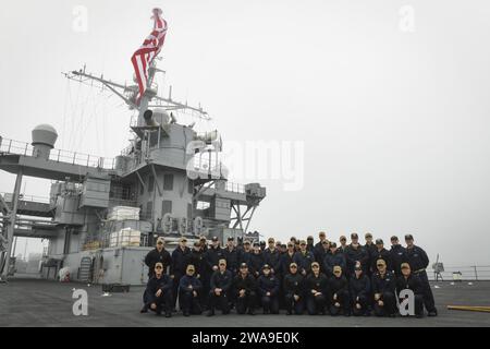 US military forces. 180628XT273-193 NORTH SEA (June 28, 2018) Sailors aboard the Blue Ridge-class command and control ship USS Mount Whitney (LCC 20) pose for a photo after a Battle of Normandy remembrance transit in the North Sea June 28, 2018. Mount Whitney, forward-deployed to Gaeta, Italy, operates with a combined crew of U.S. Navy Sailors and Military Sea Lift Command civil service mariners. (U.S. Navy photo by Mass Communication Specialist 1st Class Justin Stumberg/Released) Stock Photo