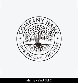 Badge, Seal, emblem vintage tree of life Logo, old oak tree logo, old big tree with the root logo vector on white background Stock Vector