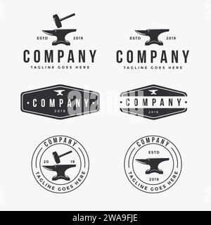 vintage blacksmith anvil logo icon vector template set on white background for industrial identity Stock Vector