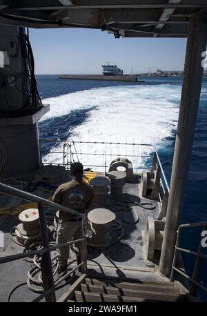 US military forces. RHODES, Greece (Aug. 14, 2018) Teravonic Richards, a civil service mariner assigned to the Spearhead-class expeditionary fast transport ship USNS Carson City (T-EPF 7), stows a mooring line as the ship departs Rhodes, Greece, Aug. 14, 2018. Carson City is the seventh of nine expeditionary fast transport ships in Military Sealift Command's inventory with a primary mission of providing rapid transport of military equipment and personnel in theater via its 20,000 square foot reconfigurable mission bay area and seating for 312 passengers. (U.S. Navy photo by Mass Communication Stock Photo