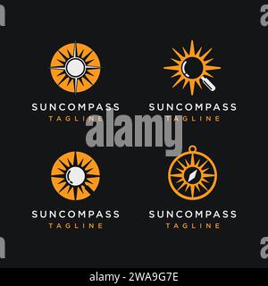 Sun compass and magnifying glass logo icon on white background Stock Vector