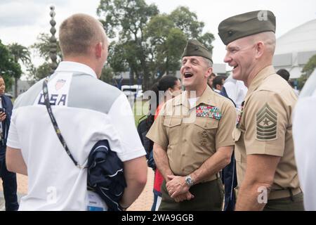 US military forces. U.S. Marine Corps Lt. Gen. Michael Rocco, deputy commandant for Manpower and Reserve Affairs, and Sgt. Maj. Troy Black, Manpower and Reserve Affairs sergeant major, meet with Team U.S. competitors, families, and staff before the Invictus Games Sydney 2018 Opening Ceremony in Sydney, New South Wales, Australia; Oct. 20, 2018. The Invictus Games are an international adaptive sporting event with current and former wounded, ill, or injured service members from 18 nations competing in 12 adaptive sports including; archery, athletics, indoor rowing, powerlifting, road cycling, dr Stock Photo