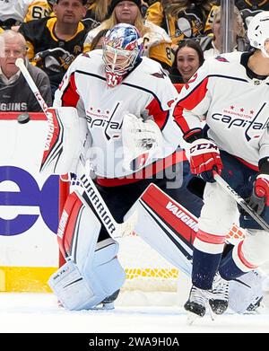 Pittsburgh, United States. 02nd Jan, 2024. Pittsburgh Penguins shot bounces off the body of Washington Capitals goaltender Darcy Kuemper (35) during the third period of the Capitals 4-3 win at PPG Paints Arena in Pittsburgh on Tuesday, January 2, 2024. Photo by Archie Carpenter/UPI. Credit: UPI/Alamy Live News Stock Photo