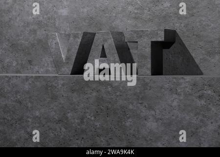 3d gray concrete stone word acronym vat, value added tax, embossed block text on concrete surface with copy space, illustration of financial concept Stock Photo