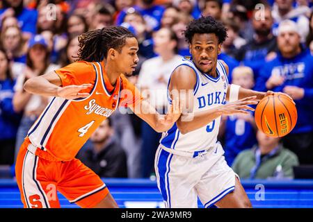 Durham, NC, USA. 2nd Jan, 2024. Duke Blue Devils guard Jeremy Roach (3) drives on Syracuse Orange forward Chris Bell (4) during the first half of the ACC basketball matchup at Cameron Indoor in Durham, NC. (Scott Kinser/CSM). Credit: csm/Alamy Live News Stock Photo