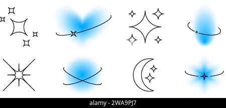 Y2k elements with eclipse lines set. Blurry aura shape and linear elements collection. Blurred smooth gradient with oval orbits for logo, template, badge, sticker, collage, icon. Vector sparkles pack Stock Vector