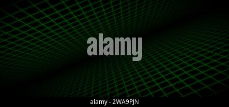 Glowing neon wireframe room background. Green grid room floor and ceiling in perspective. Bright retro futuristic wallpaper. Abstract checkered spinning landscape. Game horizon surface. Vector Stock Vector