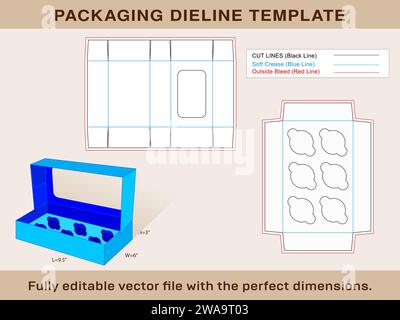 Cupcake Box Window Display 6 Holes Insert Dieline Template Editable Vector File. Stock Vector
