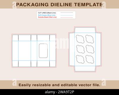 Cupcake Box Window Display 6 Holes Insert Die line Template Editable Vector File. Stock Vector
