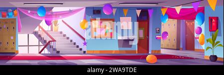 School hallway during holiday or graduation event decorated with party flags, balloons and drapery. Cartoon vector illustration of prom party celebration. Corridor interior with stairs and lockers Stock Vector