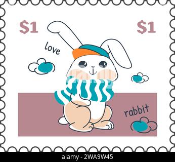 Rabbit wearing warm knitted scarf postcard or mark Stock Vector