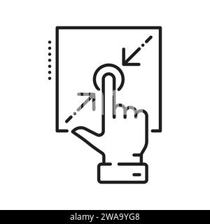 Resize hand gesture increase and reduce button, smaller and bigger maximize sign. Vector decrease and expand symbol, hand and push button Stock Vector