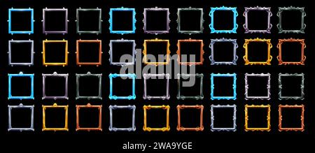 Rectangle avatar frames of golden, silver and ice, bronze and copper metal borders, game asset. Game avatar empty frames, fantasy RPG UI vector stone, glass, metal and ice borders design asset Stock Vector