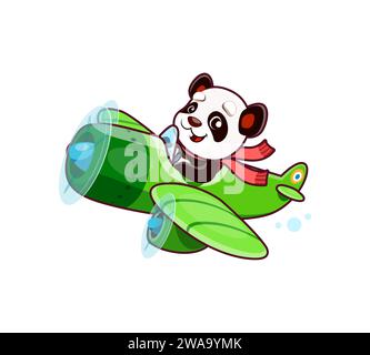 Cartoon cute panda bear animal character on plane. Funny pilot kid flying on vintage aircraft, cute panda baby traveling on airplane vector personage. Adorable animal child sitting in propeller plane Stock Vector