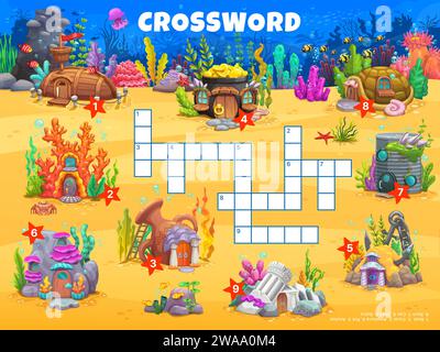 Crossword quiz game. Cartoon fairytail underwater house buildings puzzle grid. Vector worksheet with cute under water homes on ocean bottom, coral, boat, sea shell, ancient ruins and amphora houses Stock Vector