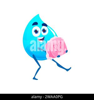 Cartoon happy water drop character with soap. Personal hygiene and bathing cosmetics isolated vector mascot. Pure aqua, clean blue water droplet childish personage with soap brick and foam Stock Vector