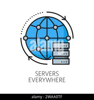 Servers everywhere. CDN. Content delivery network icon. website CDN administration and publishing system sign, web media database technology outline vector pictogram with globe and computer server Stock Vector
