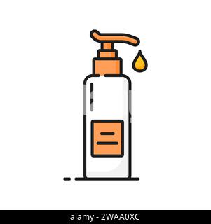 Soap, hand or face lotion skin care line icon. Dermatology treatment, face and hands skincare product or woman beauty cosmetics oil or shampoo bottle with pump dispenser outline sign or pictogram Stock Vector
