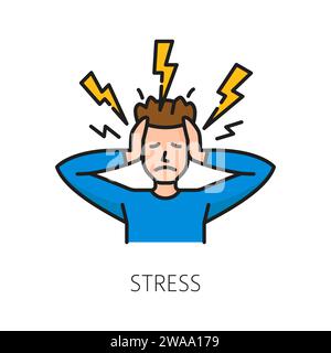 Stress psychological disorder problem, mental health vector linear icon, representing person with unhappy frowning face and lightning bolts, conveying the feeling of tension or pressure Stock Vector