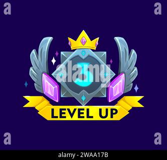 Game interface level up metal badge, steel win icon with golden crown and gems of third level complete. Vector square shield with wings, ribbon banner and precious stones, rank button, trophy, award Stock Vector