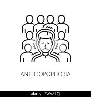 Human antrophobia phobia icon, mental health. Fear of people, psychology problem outline vector symbol. Mental disorder line pictogram or icon with scared, depressed man in crowd Stock Vector