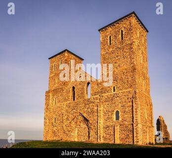 The church ruins of the Reculver Towers near Herne Bay on the north east coast of Kent south east England UK Stock Photo