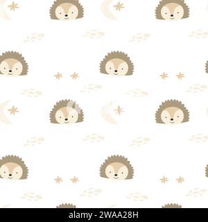 good night pattern with cute animal hedgehog. Vector illustration isolated. Can used for wrapping paper, textile, nursery design.  Stock Vector