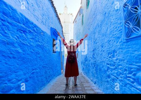 Chefchaouen town in Morocco, known as the Blue Pearl, famous for its striking blue color painted medina buildings and streets, creating a unique and m Stock Photo
