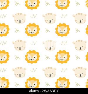 cute lion and tiger faces - seamless background. Vector illustration in boho style.  Stock Vector