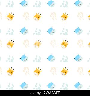 cute giraffe and hippo faces animals and simple shapes pattern. Vector illustration in orange and blue colors.  Stock Vector