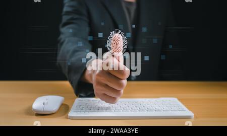 Businessman scan fingerprint biometric identity and approval. Secure access granted by valid fingerprint scan, Business Technology Safety Internet Net Stock Photo