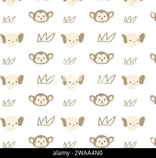 cute monkey and elephant baby background in boho style. Vector illustration isolated.  Stock Vector