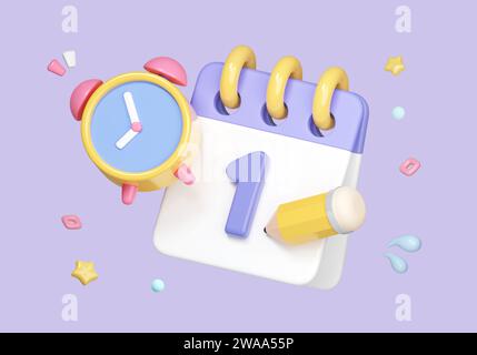 Daily planner, calendar with checklist, pencil, alarm clock and sticky notes. Concept of project plan, deadline, work agenda with date schedule, icon Stock Photo