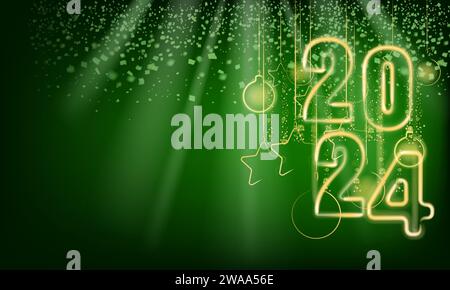 2024 Happy New Year shining light sparkles, green background Stock Vector