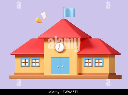 3D cartoon school building isolated. minimal icon. Educational institution front view icon symbol clipping path. education. 3d render illustration Stock Photo