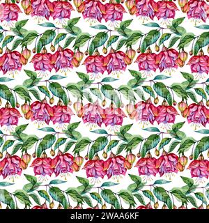 Bright tropical flower, fuchsia. Watercolor illustration. Seamless pattern. Stock Photo