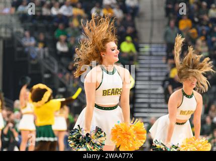 Waco, Texas, USA. 2nd Jan, 2024. Baylor Bears cheerleaders during the 1st half of the NCAA Basketball game between the Cornell Big Red and Baylor Bears at Foster Pavilion in Waco, Texas. Matthew Lynch/CSM/Alamy Live News Stock Photo