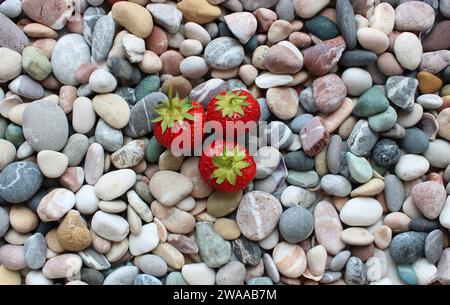 Three Juicy Ripe Strawberries On Decoration Stones. Concept for fruits wallpapers or background Stock Photo