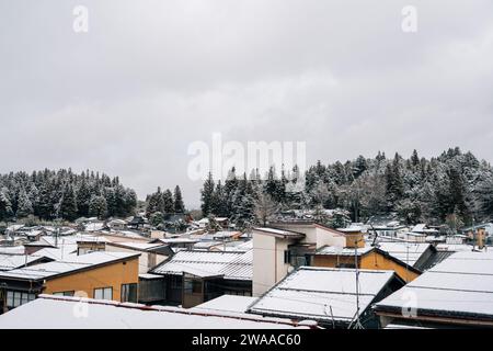 View of Takayama village with winter snow in Gifu, Japan Stock Photo