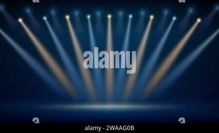 Stage, golden, blue spotlight. Backdrop, background for displaying products. Bright spotlights. Glowing light spot on scene. Shining stage blue lights Stock Vector