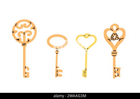 golden and bronze vintage antique keys collection. Vector illustration isolated. Keys with hearth shape.  Stock Vector