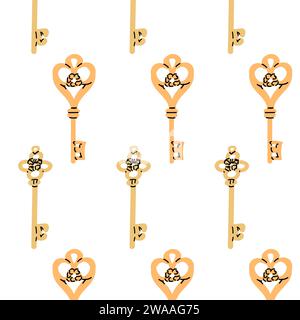 vintage keys seamless pattern. Vector illustration in cartoon style. Golden keys background isolated.  Stock Vector
