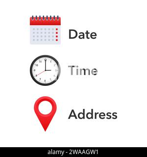Essential Appointment Icons Set Featuring Calendar, Clock, and Location Pin for Date, Time, and Address Indication. Stock Vector