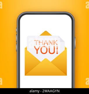 Thank You Message on Mobile Phone Screen Vector Illustration - A modern gratitude concept with envelope and note on smartphone. Stock Vector